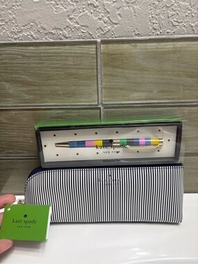 kate spade Multicolor Striped Ballpoint Pen with Navy and White Stripe Pouch